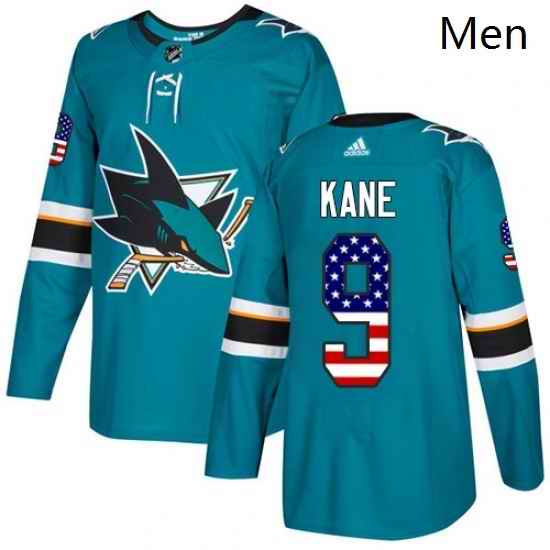 Mens Adidas San Jose Sharks 9 Evander Kane Authentic Teal Green USA Flag Fashion NHL Jersey